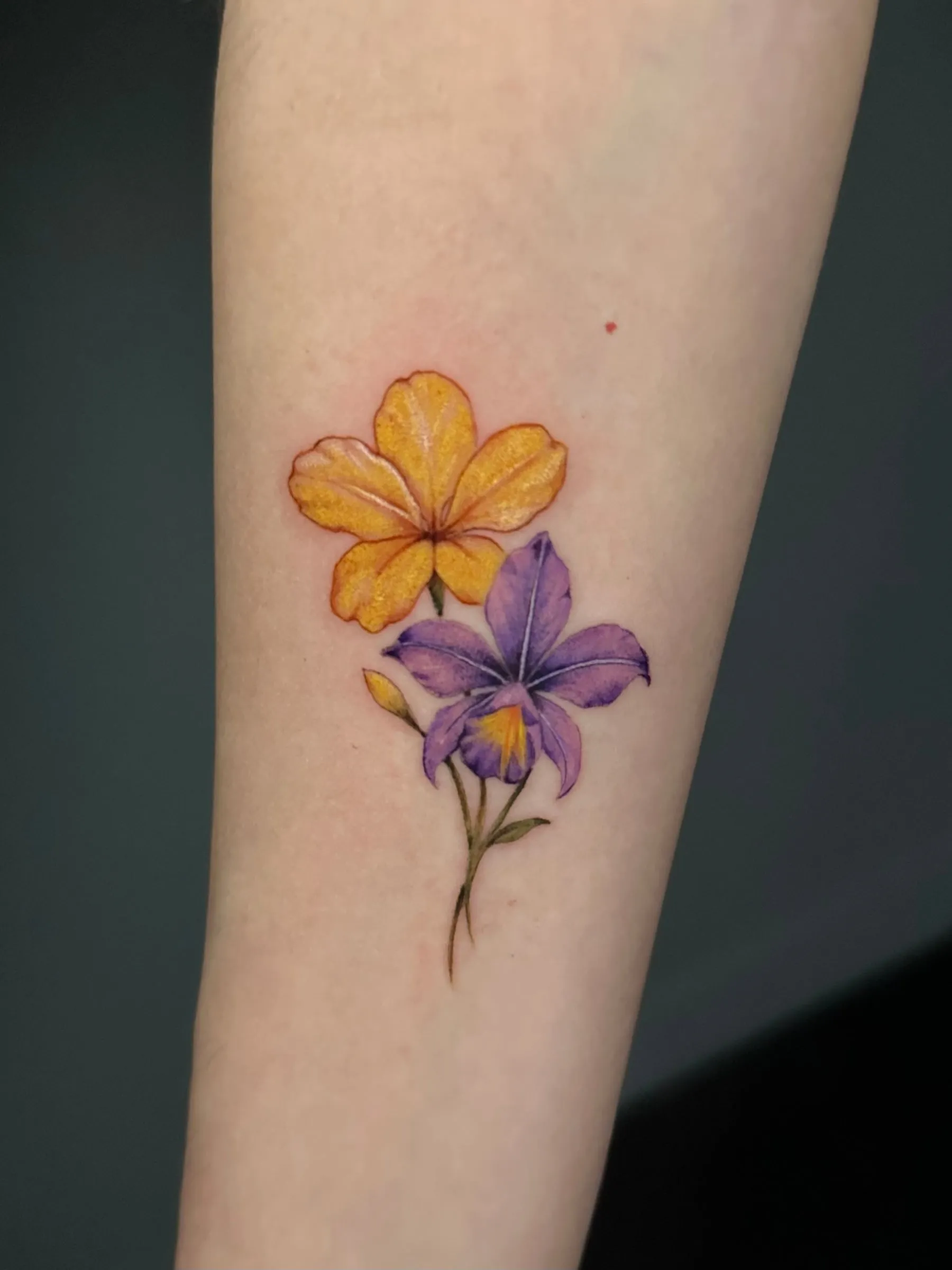 Dos flores a color, una amarilla y una violeta, con tallo fino, en el antebrazo