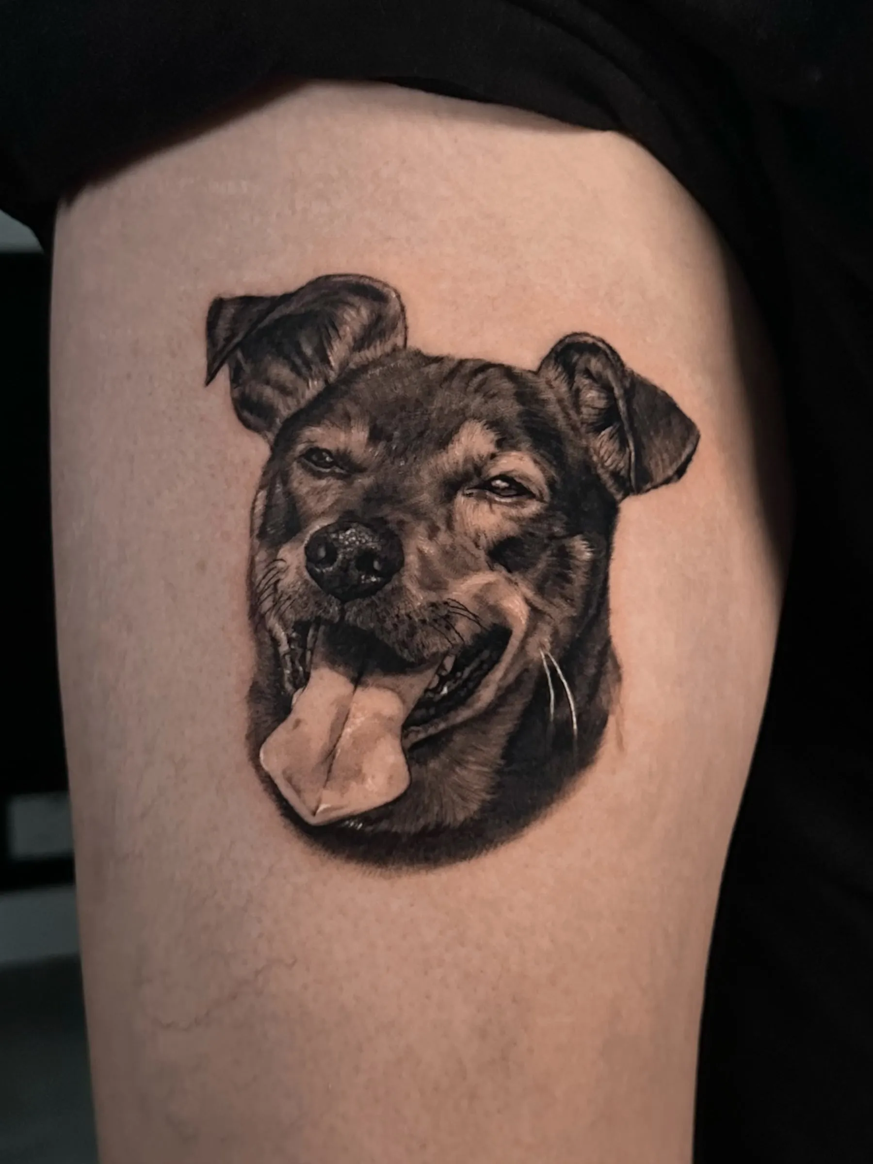 Retrato realista en negro y gris de un perro mestizo con la lengua fuera y un ojo guiñado, en el muslo